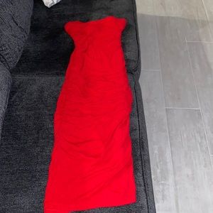 Red ruched strapless body con dress